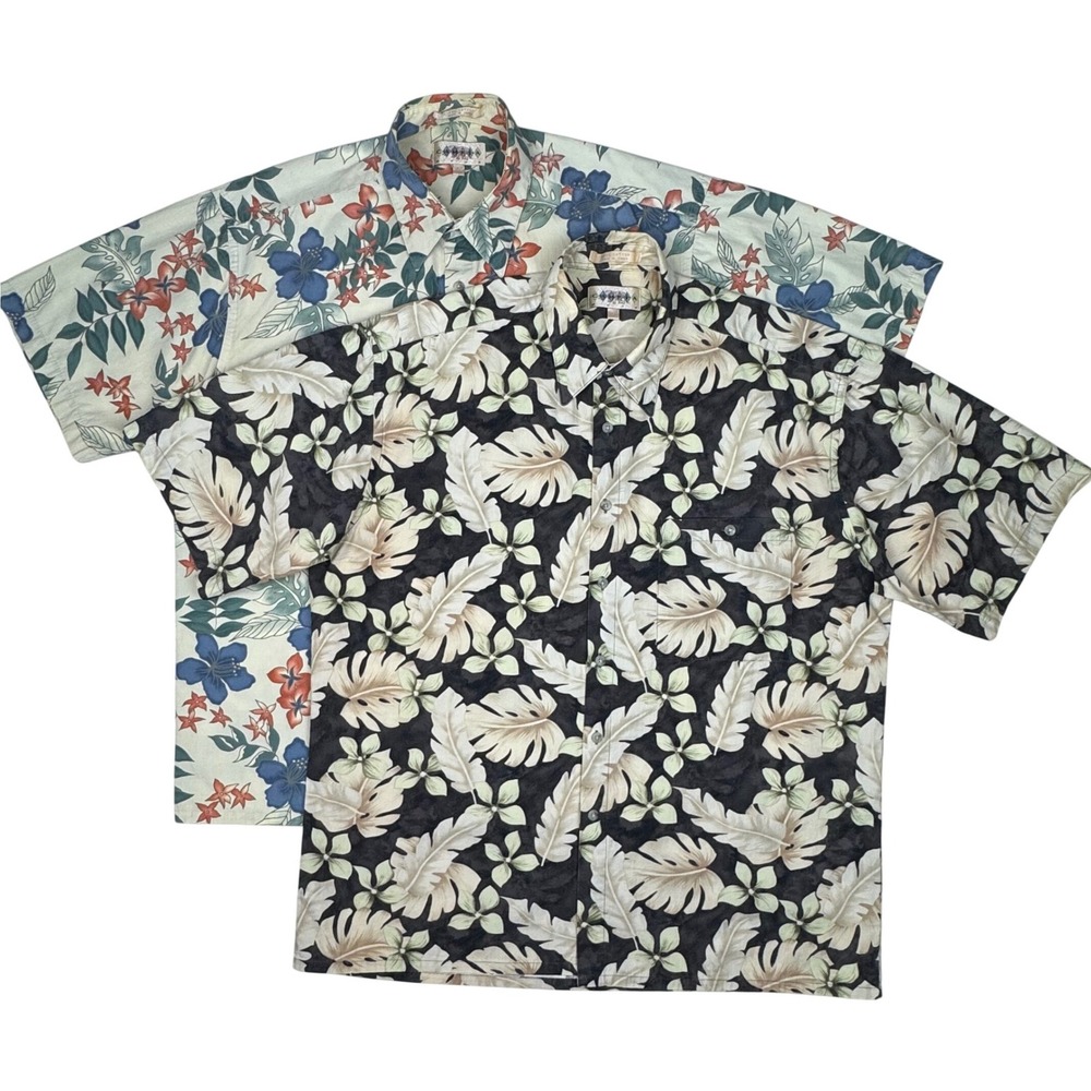 Campia Moda Hawaiian Shirt Lot of 2 Tropical Floral Leaf Mens L Cream Brown Boho